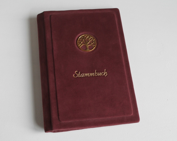 Stammbuch "Goldene Lebensbaum" aus weinrotem Nubukleder